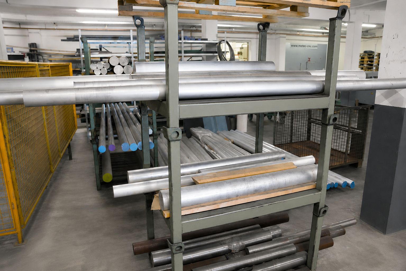 METEC Materiallager mit Aluminium-Rundstangen im Regal