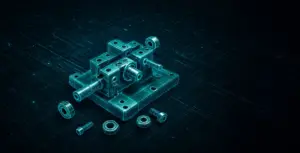 Baugruppe als Drahtgittermodell in Cyan mit Lagern, Schrauben und Unterlegscheiben