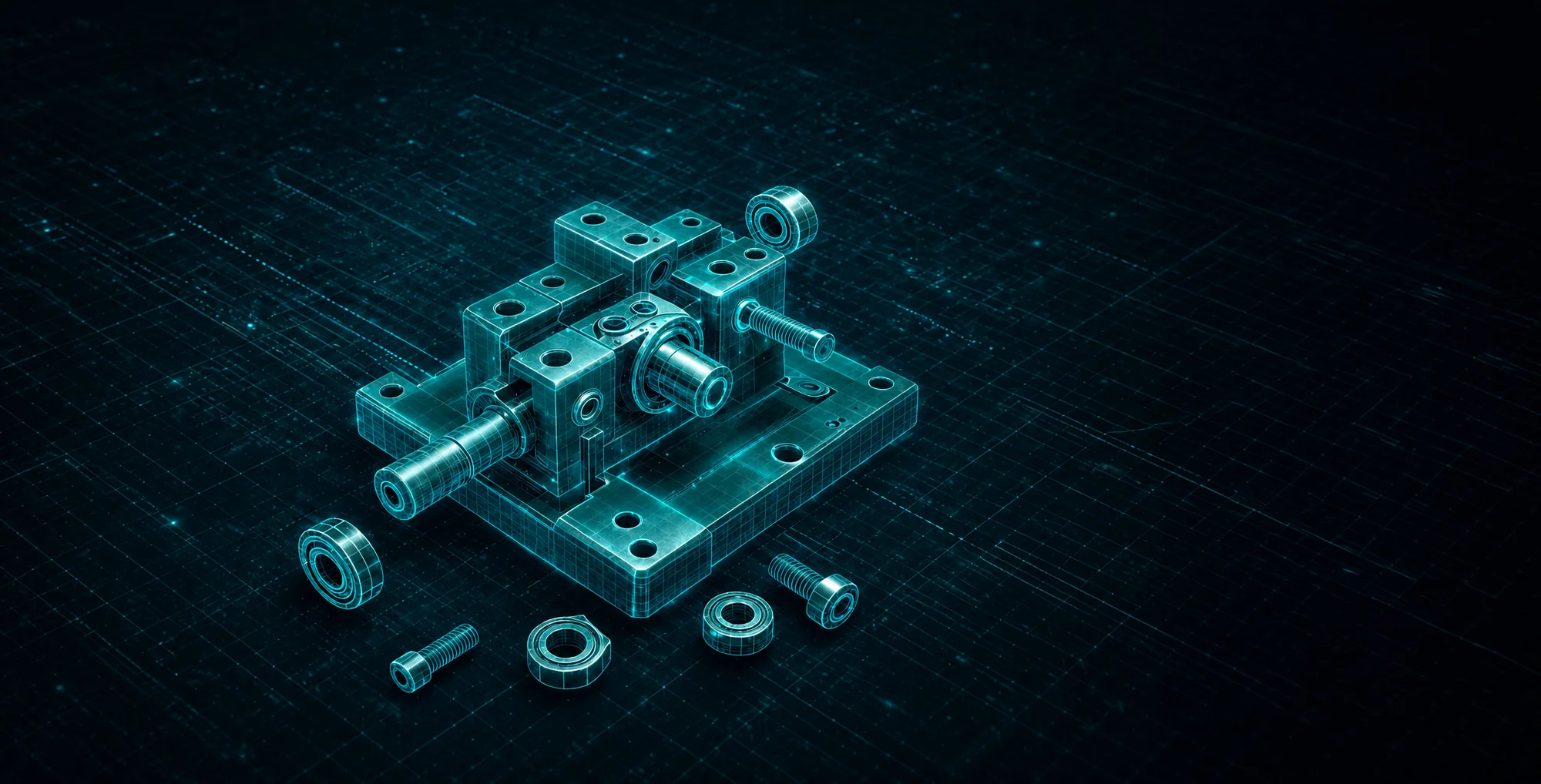 Baugruppe als Drahtgittermodell in Cyan mit Lagern, Schrauben und Unterlegscheiben