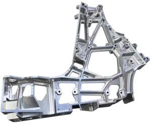 Komplexes CNC-Frästeil aus Aluminium, Strukturbauteil mit Verrippungen und Bohrungen