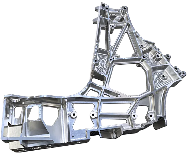 Komplexes CNC-Frästeil aus Aluminium, Strukturbauteil mit Verrippungen und Bohrungen
