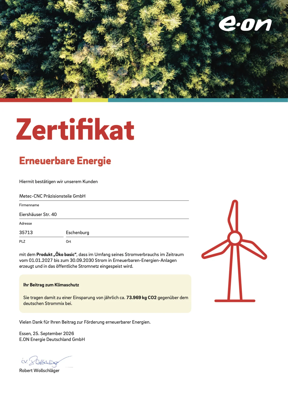 Ökostrom-Nachweis „Öko basic“ von E.ON für METEC, gültig vom 1. Januar 2027 bis 30. September 2030