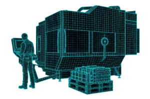 Wireframe-Grafik: Zerspaner am Bedienpult eines 5-Achs-Bearbeitungszentrums, Header Karriere