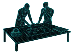 Wireframe-Grafik: zwei Personen besprechen am Tisch eine technische Zeichnung, Header Kontakt & Beratung