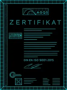 Wireframe-Grafik: Zertifikat DIN EN ISO 9001:2015, Teil des Headers Zertifikate